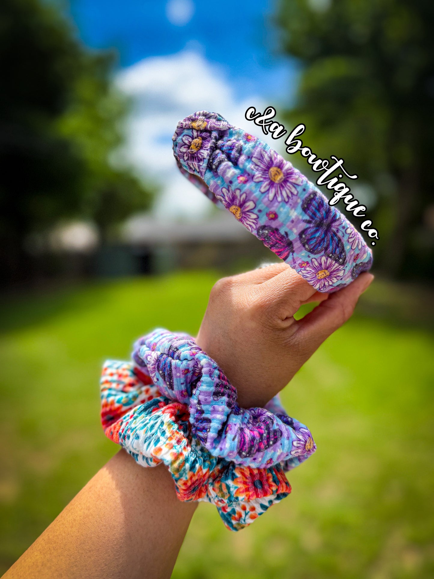 Checkered in Bloom - Headbands/ Scrunchies /Key-fob Scrunchie